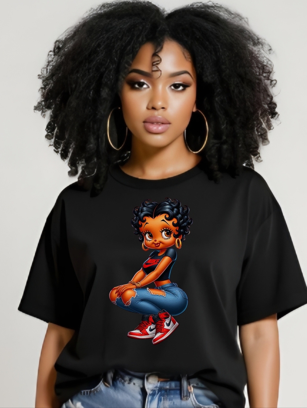 Black Graphic Tee with Cute Cartoon  Betty Boop Design